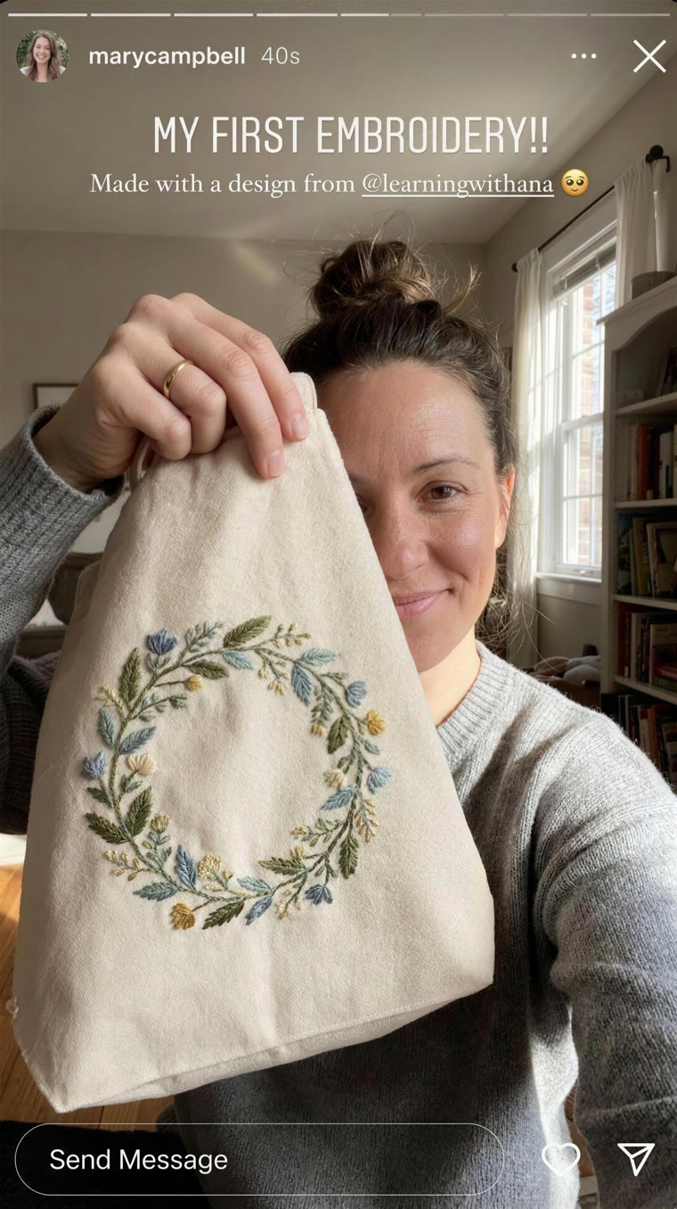 Mary Campbell's first embroidery, shared on Instagram
